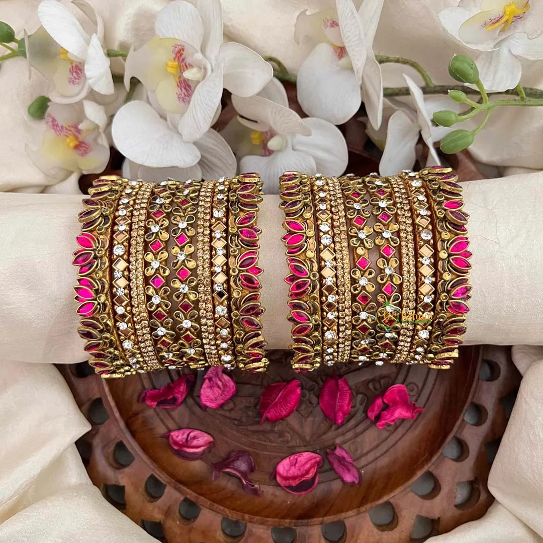 Hot Pink & Crystal Floral Stack Lotus Side Kada Silk Bangles